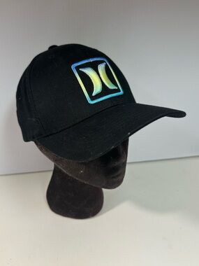 Hurley Black Hat with Iridescent Blue-Green Logo Flex Fit Reflect Icon Sz S-M